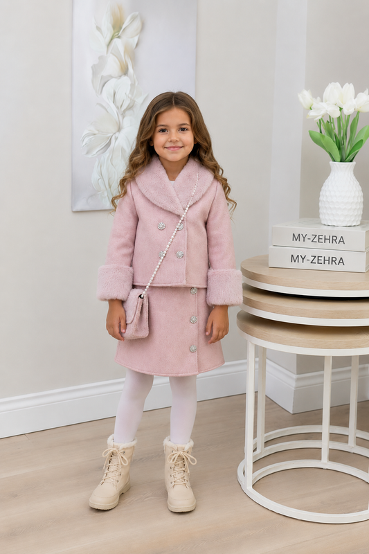 Bella Peluş Detaylı Çantalı Üçlü Kız Çocuk Takımı