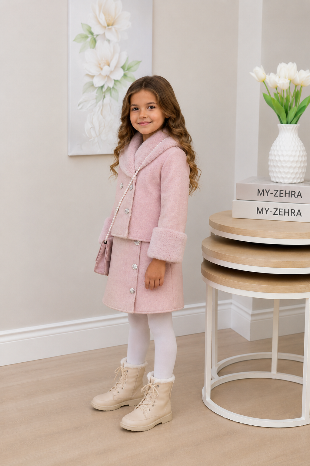 Bella Peluş Detaylı Çantalı Üçlü Kız Çocuk Takımı